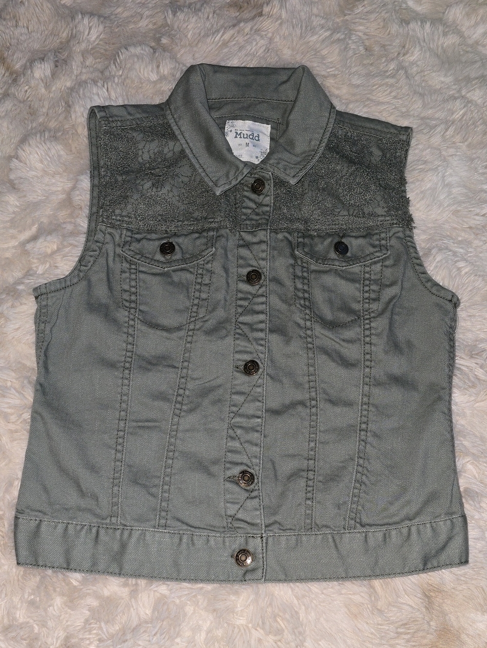Mudd Juniors Olive Green Crochet Yoke Demin Vest M